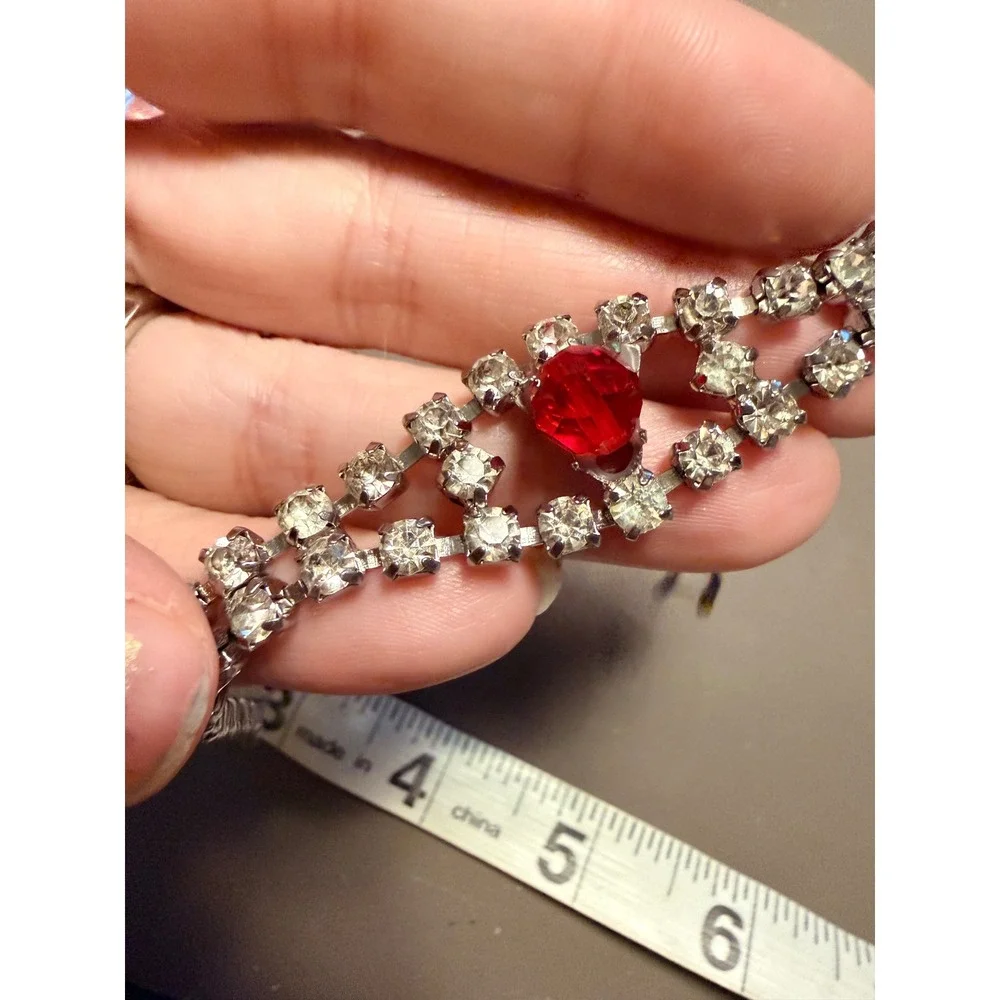 Vintage Silver Tone Red‎ Crystal Double Strand Rhinestone Bracelet 7 Inch